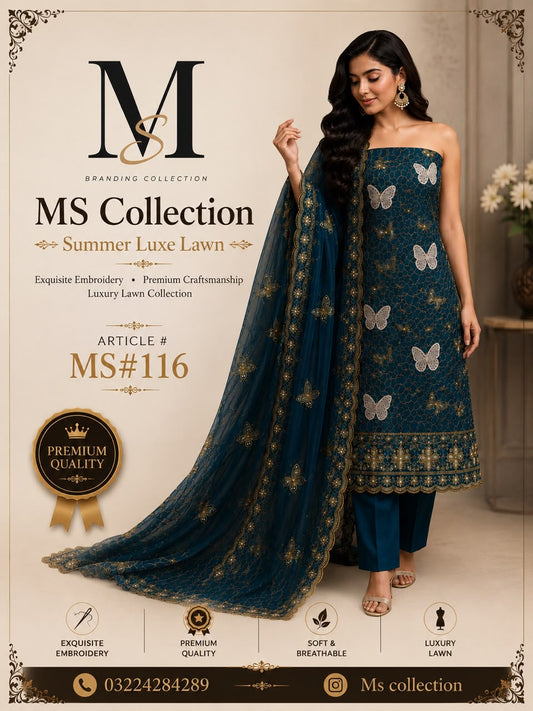 MS Collection Summer Luxe Lawn – Article #116 | Premium Embroidered Unstitched 2 Piece Suit